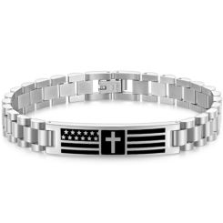 ***COI Titanium Black/Gold Tone/Silver Cross & American Flag Bracelet With Steel Clasp(Length: 8.27 inches)-00998BB