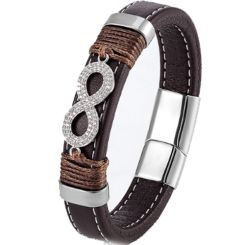 ***COI Titanium Infinity Cubic Zirconia Genuine Leather Bracelet With Steel Clasp(Length: 9.06 inches)-01025BB