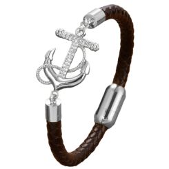 ***COI Titanium Black/Gold Tone/Silver Anchor Cubic Zirconia Genuine Leather Bracelet With Steel Clasp(Length: 8.27 inches)-01027BB