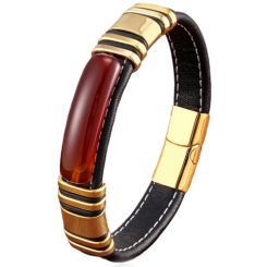 ***COI Gold Tone Titanium Carol Genuine Leather Bracelet With Steel Clasp(Length: 8.27 inches)-01028BB