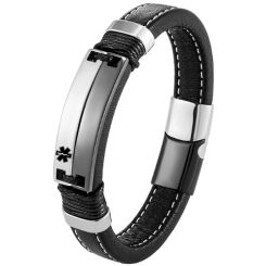 ***COI Titanium Black Silver Medical Alert Genuine Leather Bracelet With Steel Clasp(Length: 9.06 inches)-01032BB