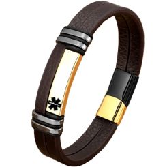 ***COI Titanium Black Gold Tone Medical Alert Genuine Leather Bracelet With Steel Clasp(Length: 8.27 inches)-01033BB
