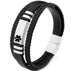 ***COI Titanium Black Silver Medical Alert Genuine Leather Bracelet With Steel Clasp(Length: 9.05 inches)-01034BB