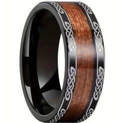 ***COI Black Titanium Celtic Knots Ring With Koa Wood-01069BB