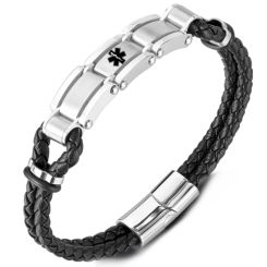 ***COI Titanium Medical Alert Genuine Leather Bracelet With Steel Clasp(Length: 8.27 inches)-01078BB