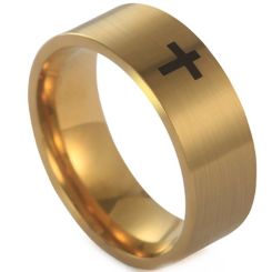 ***COI Titanium Black/Gold Tone/Silver Cross Pipe Cut Flat Ring-01083BB