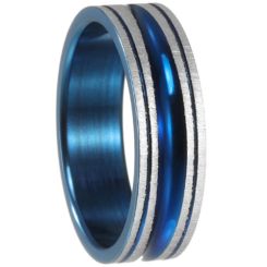 ***COI Titanium Blue Silver Grooves Ring-01086BB