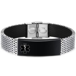 ***COI Titanium Black Silver Medical Alert Genuine Leather Bracelet With Steel Clasp(Length: 8.07 inches)-01096BB
