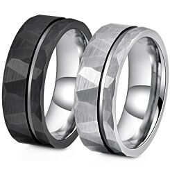 ***COI Titanium Black/Silver/Gold Tone Silver Offset Groove Faceted Ring-01152BB