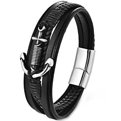 ***COI Titanium Anchor Genuine Leather Bracelet With Steel Clasp(Length: 9.05 inches)-01162BB
