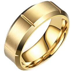 ***COI Titanium Black/Gold Tone/Silver Grooves Beveled Edges Ring-01180BB