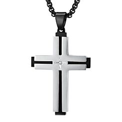 ***COI Titanium Black Rose/Silver Cross Pendant With Cubic Zirconia-01187BB