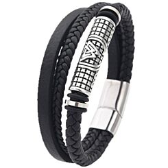 ***COI Titanium Black Silver Trinity Knots Genuine Leather Bracelet With Steel Clasp(Length: 8.27 inches)-01198BB