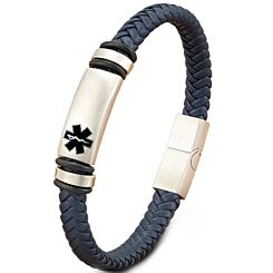 ***COI Titanium Black Silver Medical Alert Genuine Leather Bracelet With Steel Clasp(Length: 9.05 inches)-01224BB