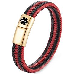 ***COI Gold Tone Titanium Medical Alert Genuine Leather Bracelet With Steel Clasp(Length: 8.27 inches)-01228BB