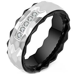 ***COI Titanium Black/Gold Tone Silver Hammered Step Edges Ring With Cubic Zirconia-01238BB