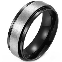 ***COI Titanium Black/Blue Silver Sandblasted Step Edges Ring-01239BB