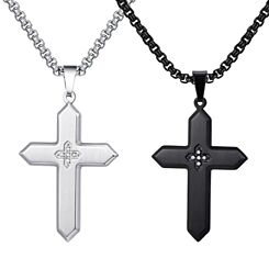 ***COI Titanium Black/Silver Cross Pendant With Cubic Zirconia-01244BB
