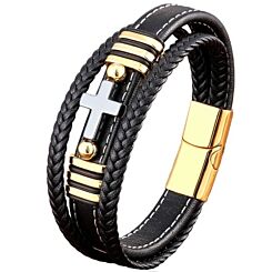 ***COI Titanium Black Gold Tone Silver Cross Genuine Leather Bracelet With Steel Clasp(Length: 8.27 inches)-01254BB