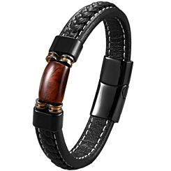 ***COI Titanium Black Gold Tone Tiger Eye Genuine Leather Bracelet With Steel Clasp(Length: 8.27 inches)-01255BB