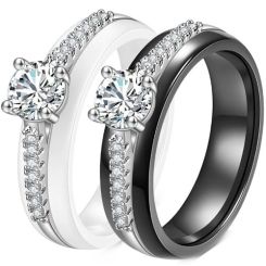 ***COI Titanium Black/White Ceramic Solitaire Ring With Cubic Zirconia-01273BB