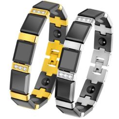 ***COI Titanium Gold Tone/Silver Black Ceramic Cubic Zirconia Bracelet With Steel Clasp(Length: 8.27 inches)-01306BB