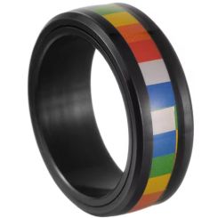 ***COI Black Titanium Beveled Edges Ring With Rainbow Ceramic-01307BB