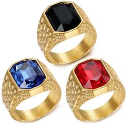 ***COI Gold Tone Titanium Hammered Ring With Created Blue Sapphire/Red Ruby/Black Onyx-01309BB