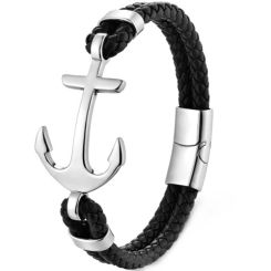 ***COI Titanium Anchor Genuine Leather Bracelet With Steel Clasp(Length: 8.27 inches)-01339BB
