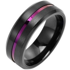 ***COI Titanium Black Purple Center Groove Beveled Edges Ring-01343BB