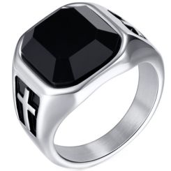 ***COI Titanium Black Silver Cross Ring With Black Onyx-01345BB