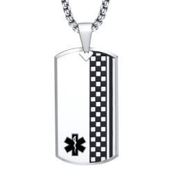 ***COI Titanium Black Silver Checkered Flag Medical Alert Pendant-01350BB