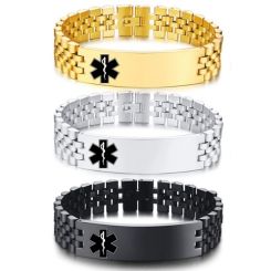 ***COI Titanium Black/Gold Tone/Silver Medical Alert Bracelet With Steel Clasp(Length: 8.46 inches)-01360BB