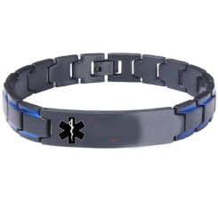 ***COI Titanium Black Blue Medical Alert Bracelet With Steel Clasp(Length: 8.46 inches)-01361BB