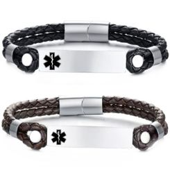***COI Titanium Medical Alert Genuine Leather Bracelet With Steel Clasp(Length: 8.46 inches)-01362BB