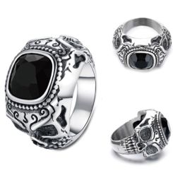 ***COI Titanium Black Silver Skull Ring With Created Blue Sapphire/Red Ruby/Green Emerald/Black Onyx-01364BB
