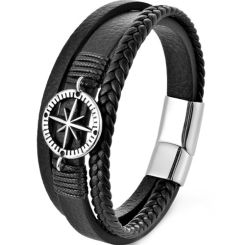 ***COI Titanium Compass Genuine Leather Bracelet With Steel Clasp(Length: 8.27 inches)-01371BB