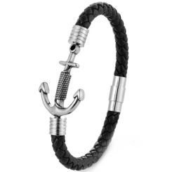 ***COI Titanium Black Silver Anchor Genuine Leather Bracelet With Steel Clasp(Length: 8.27 inches)-01372BB