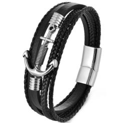 ***COI Titanium Black Silver Anchor Genuine Leather Bracelet With Steel Clasp(Length: 8.27 inches)-01373BB
