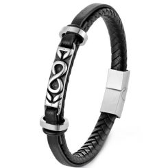 ***COI Titanium Black Silver Infinity Genuine Leather Bracelet With Steel Clasp(Length: 8.27 inches)-01375BB
