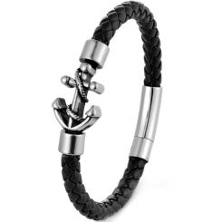 ***COI Titanium Black Silver Anchor Genuine Leather Bracelet With Steel Clasp(Length: 8.27 inches)-01376BB