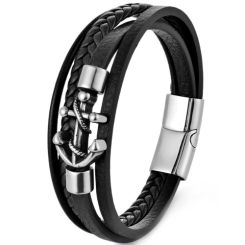 ***COI Titanium Black Silver Anchor Genuine Leather Bracelet With Steel Clasp(Length: 8.27 inches)-01377BB
