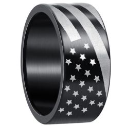 ***COI Titanium Black/Silver American Flag Pipe Cut Flat Ring-01380BB
