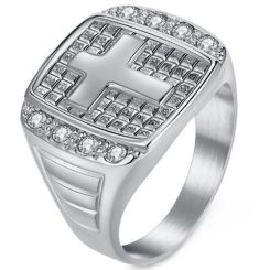 ***COI Titanium Black/Gold Tone/Silver Cross Ring With Cubic Zirconia-01381BB