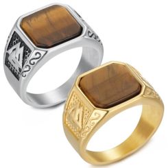 ***COI Titanium Gold Tone/Silver Ring With Tiger Eye-01382BB