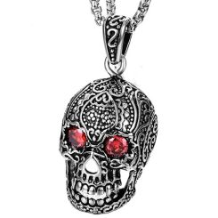 ***COI Titanium Black Silver Skull Pendant With Created Red Ruby-01384BB
