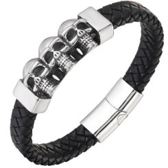 ***COI Titanium Black Silver Skull Genuine Leather Bracelet With Steel Clasp(Length: 8.27 inches)-01389BB