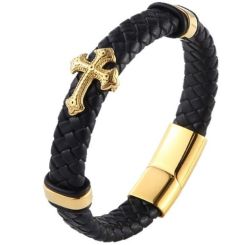 ***COI Gold Tone Titanium Cross Genuine Leather Bracelet With Steel Clasp(Length: 8.46 inches)-01392BB