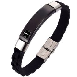 ***COI Titanium Black Silver Medical Alert Rubber Bracelet With Steel Clasp(Length: 8.27 inches)-01396BB