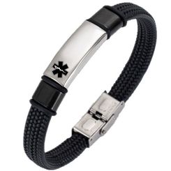 ***COI Titanium Black Silver Medical Alert Genuine Leather Bracelet With Steel Clasp(Length: 8.27 inches)-01398BB